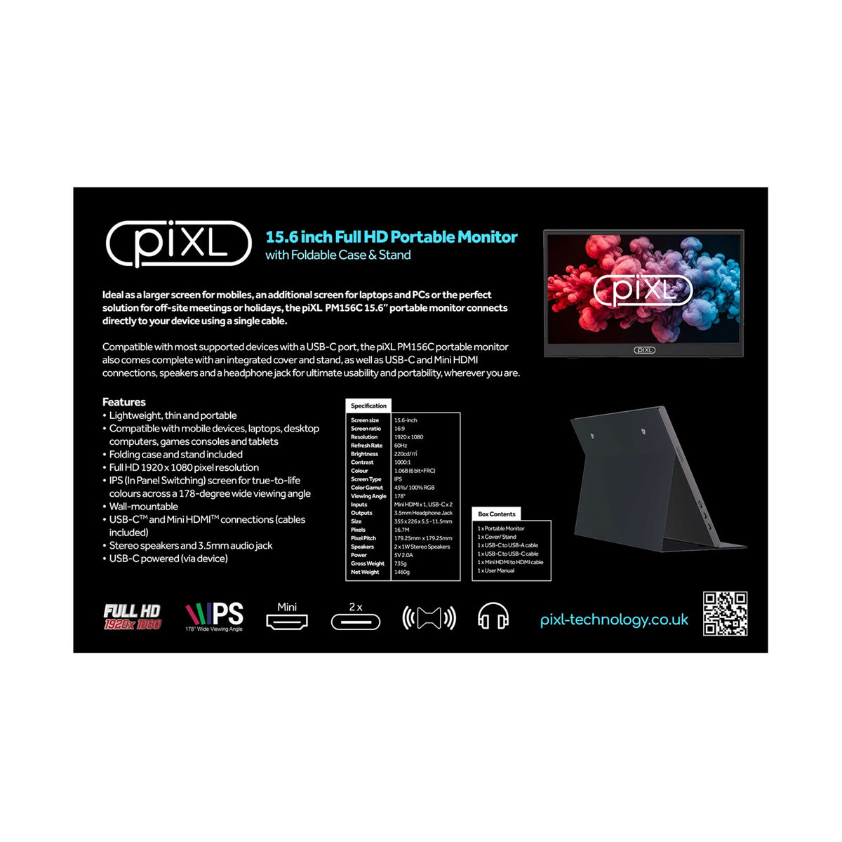 piXL PM156C 15.6 Inch 60Hz Full HD IPS Widescreen Portable Monitor with USB-C